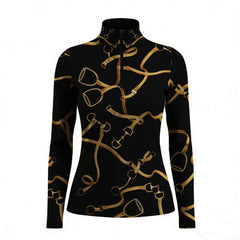 Studio white‑background product mockup of women’s black golden bridle stirrup bit all‑over‑print long‑sleeve quarter‑zip riding top