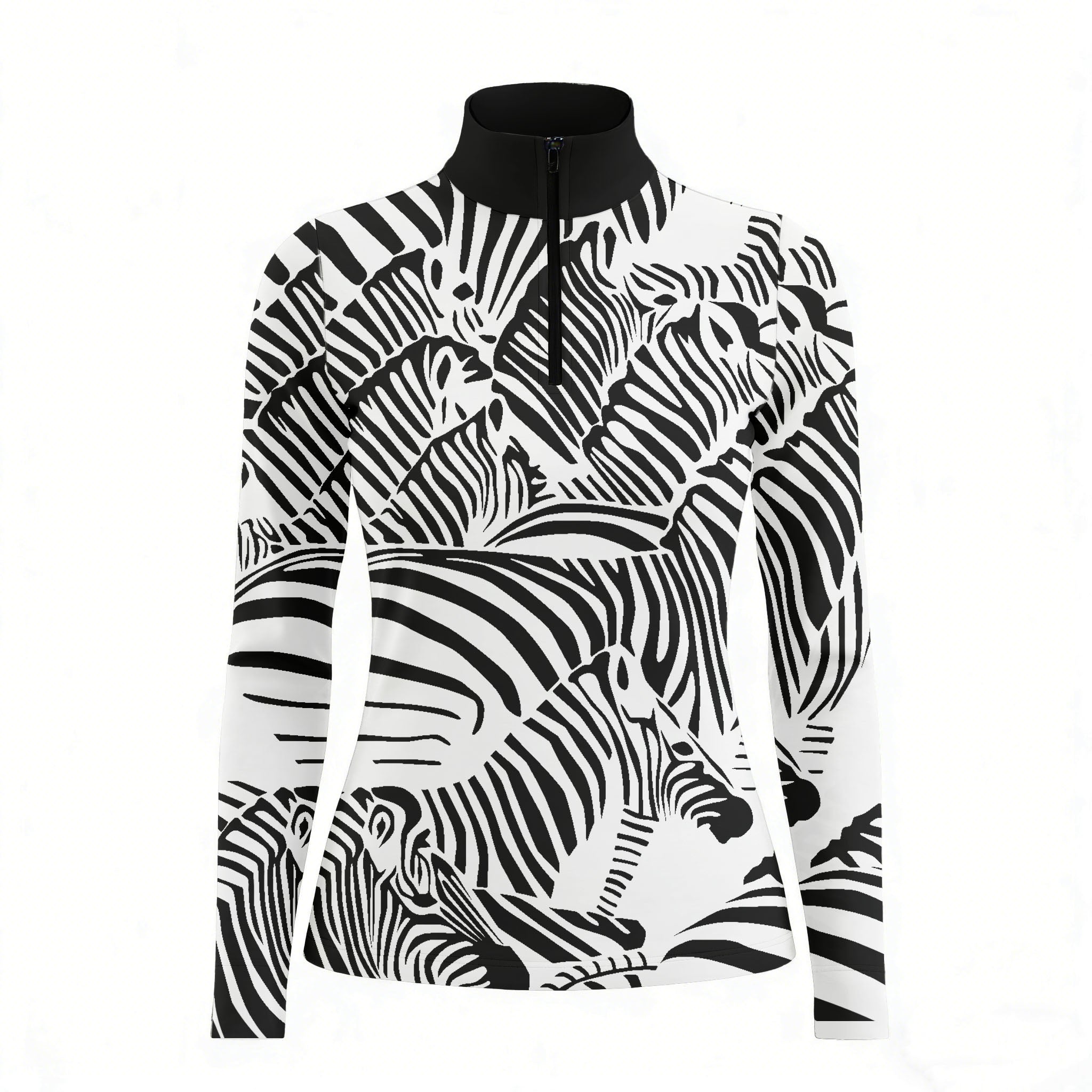 Studio white‑background product mockup of women’s black‑white abstract zebra‑head collage all‑over‑print long‑sleeve quarter‑zip riding top with black stand collar