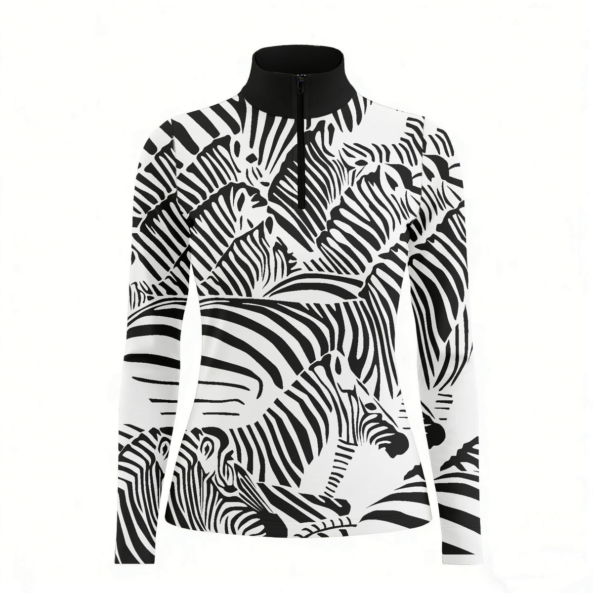 Studio white‑background product mockup of women’s black‑white abstract zebra‑head collage all‑over‑print long‑sleeve quarter‑zip riding top with black stand collar