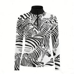 Studio white‑background product mockup of women’s black‑white abstract zebra‑head collage all‑over‑print long‑sleeve quarter‑zip riding top with black stand collar