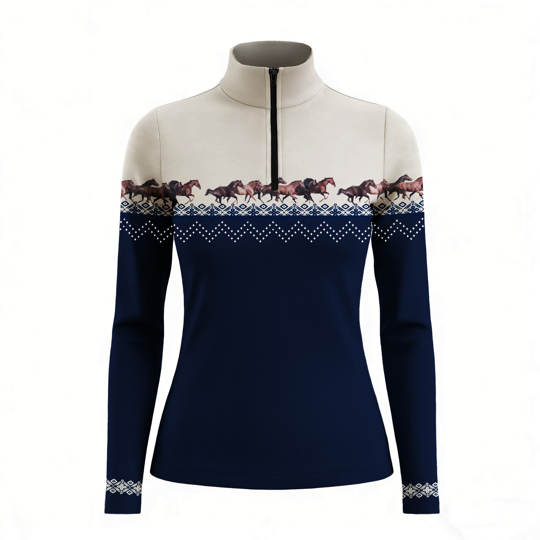 Studio white‑background product mockup of women’s midnight navy color‑block fair‑isle galloping horse herd border‑print long‑sleeve quarter‑zip riding top