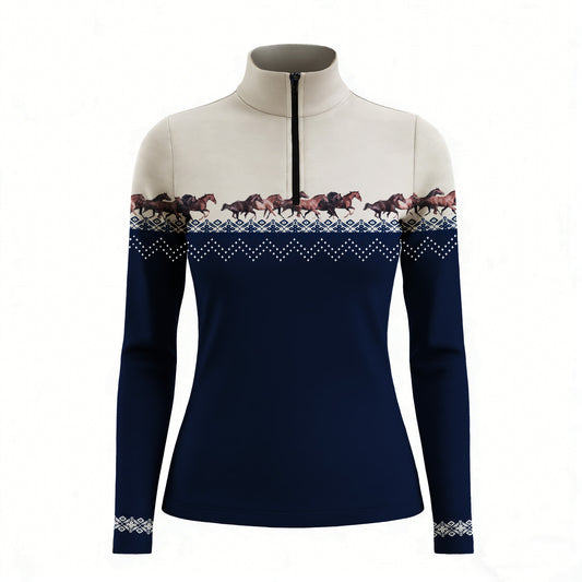 Studio white‑background product mockup of women’s midnight navy color‑block fair‑isle galloping horse herd border‑print long‑sleeve quarter‑zip riding top