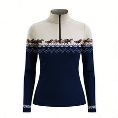 Studio white‑background product mockup of women’s midnight navy color‑block fair‑isle galloping horse herd border‑print long‑sleeve quarter‑zip riding top