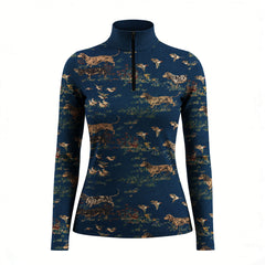 Studio white‑background product mockup of women’s navy base vintage hunting scene hound dog pheasant wildfowl grass floral all‑over‑print long‑sleeve quarter‑zip riding top