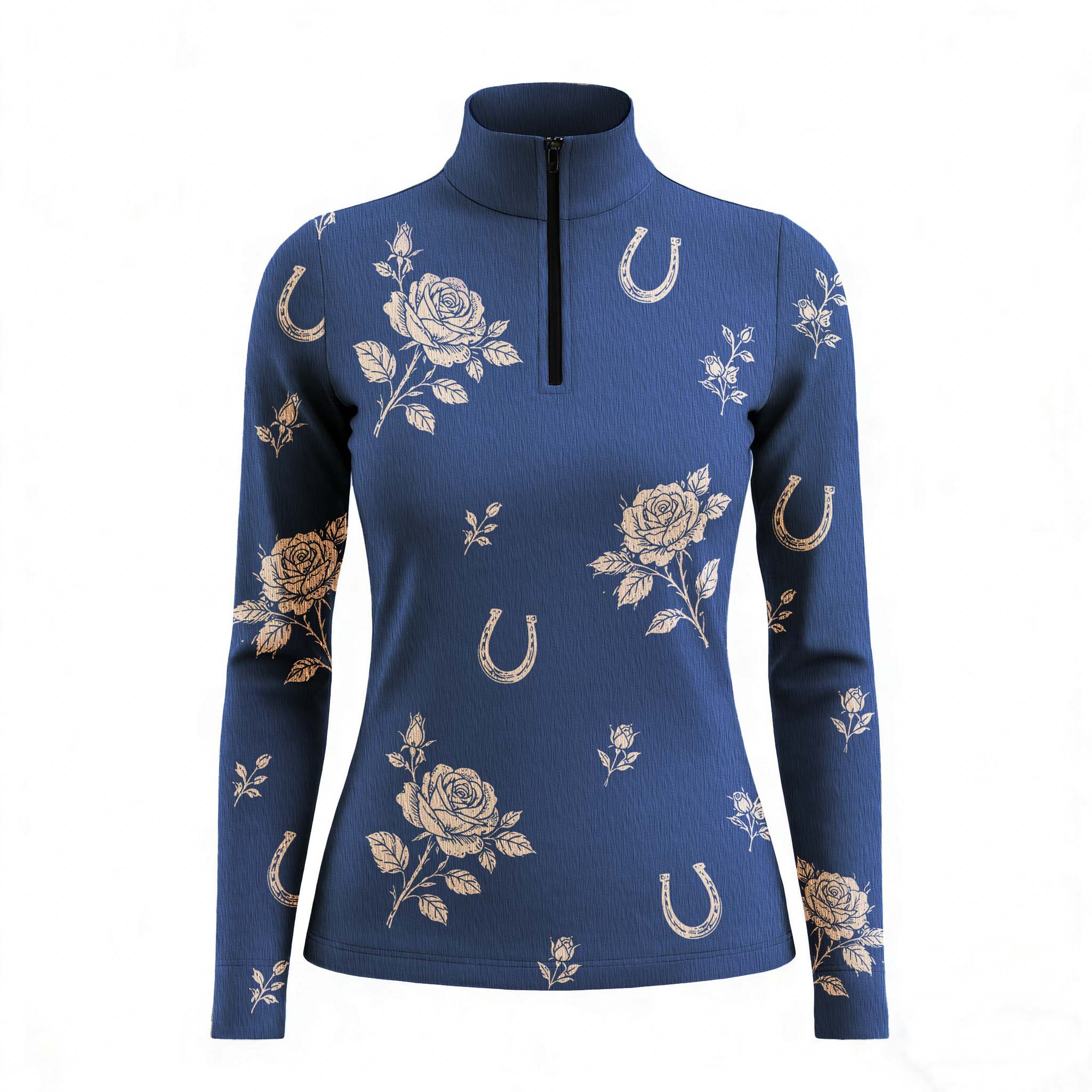 Clean studio white‑background product mockup of women’s navy‑blue vintage beige rose & horseshoe all‑over print long‑sleeve quarter‑zip riding top