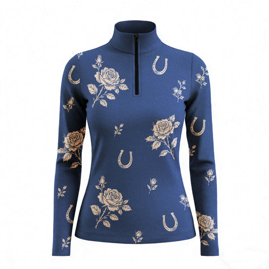 Clean studio white‑background product mockup of women’s navy‑blue vintage beige rose & horseshoe all‑over print long‑sleeve quarter‑zip riding top