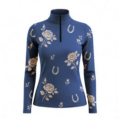 Clean studio white‑background product mockup of women’s navy‑blue vintage beige rose & horseshoe all‑over print long‑sleeve quarter‑zip riding top