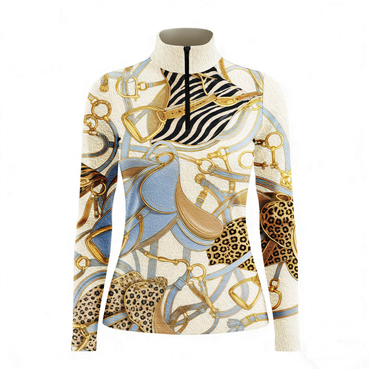 Sunset ranch lifestyle shot of female equestrian seated in saddle holding iced drink, wearing cream vintage equestrian tack zebra leopard mixed‑print long‑sleeve riding top and black riding breeches