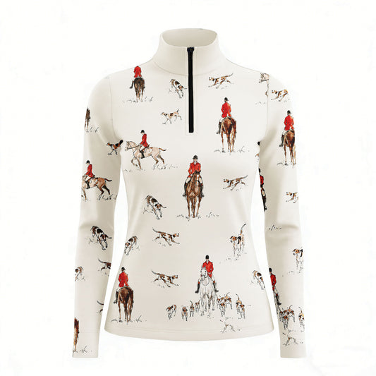 Studio white‑background product mockup of women’s cream vintage watercolor fox‑hunting rider & hound dog all‑over‑print long‑sleeve quarter‑zip riding top