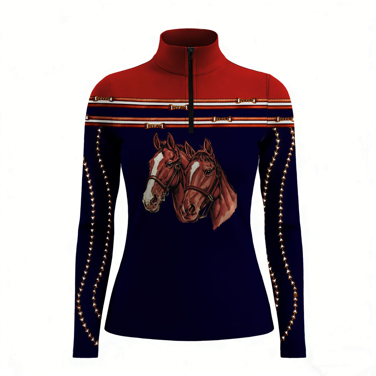 Studio white‑background product mockup of women’s red‑shoulder navy‑base long‑sleeve quarter‑zip riding top with dual horse portrait front print and striped trim