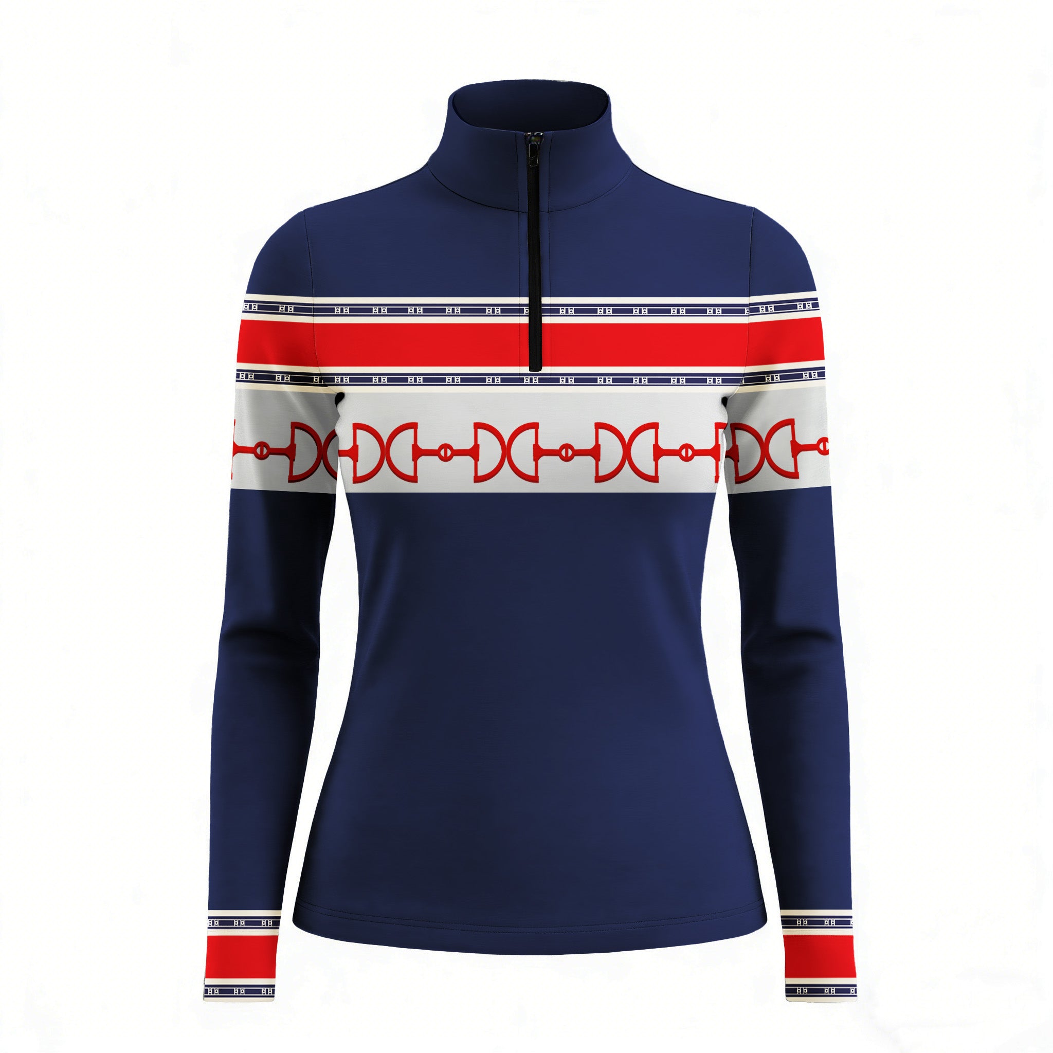 Studio white‑background product mockup of women’s navy red‑white stripe equestrian horse‑bit pattern horizontal band long‑sleeve quarter‑zip riding top

 产品描述中可以添加一些产品的具体特点和优势

 请再提供一些不同风格的产品描述。

 如何让产品描述更吸引消费者？