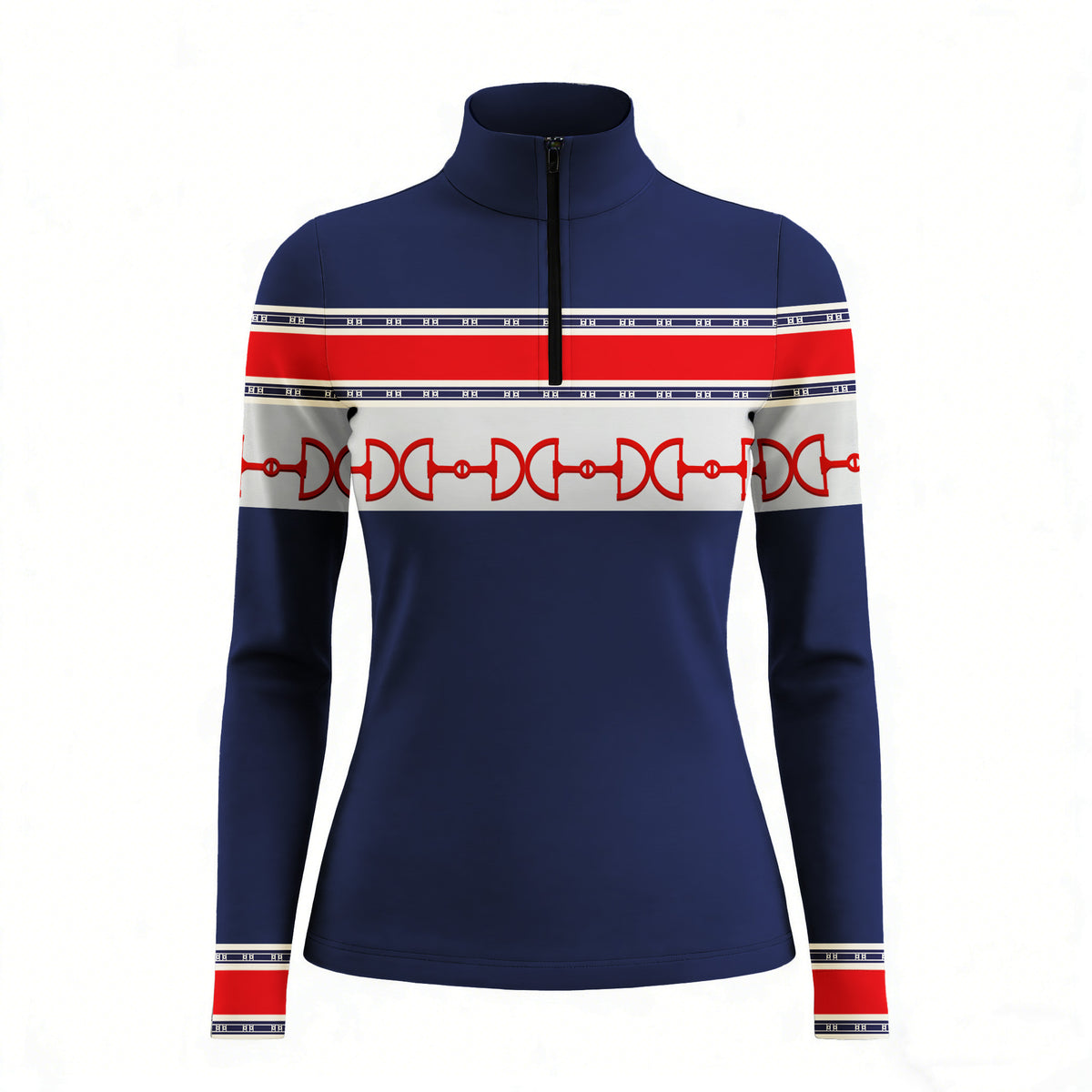 Studio white‑background product mockup of women’s navy red‑white stripe equestrian horse‑bit pattern horizontal band long‑sleeve quarter‑zip riding top

 产品描述中可以添加一些产品的具体特点和优势

 请再提供一些不同风格的产品描述。

 如何让产品描述更吸引消费者？