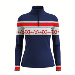 Studio white‑background product mockup of women’s navy red‑white stripe equestrian horse‑bit pattern horizontal band long‑sleeve quarter‑zip riding top

 产品描述中可以添加一些产品的具体特点和优势

 请再提供一些不同风格的产品描述。

 如何让产品描述更吸引消费者？