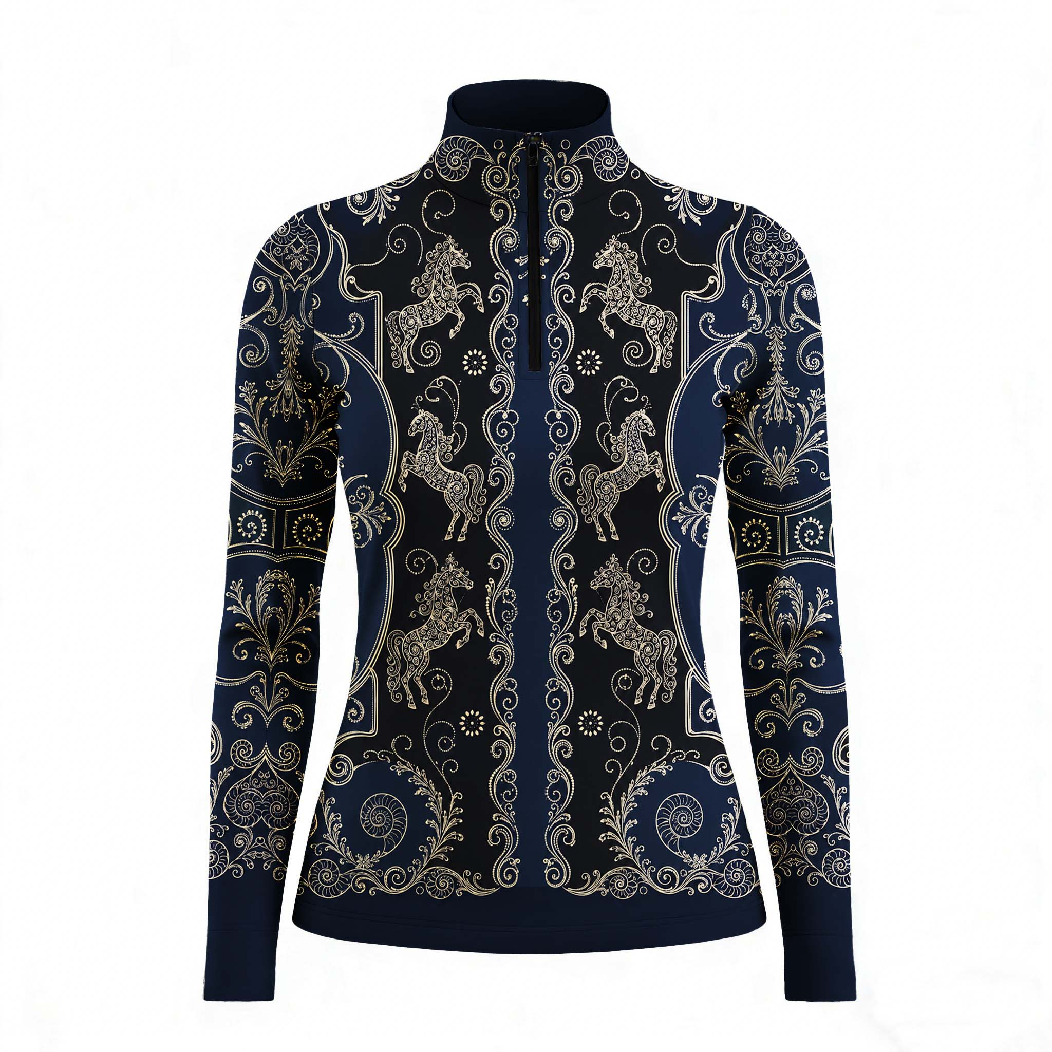 Equestrian show ground portrait shot of rider in navy‑black vintage golden carousel horse scroll‑filigree print riding top, leaning on white fence with white breeches and white riding gloves
