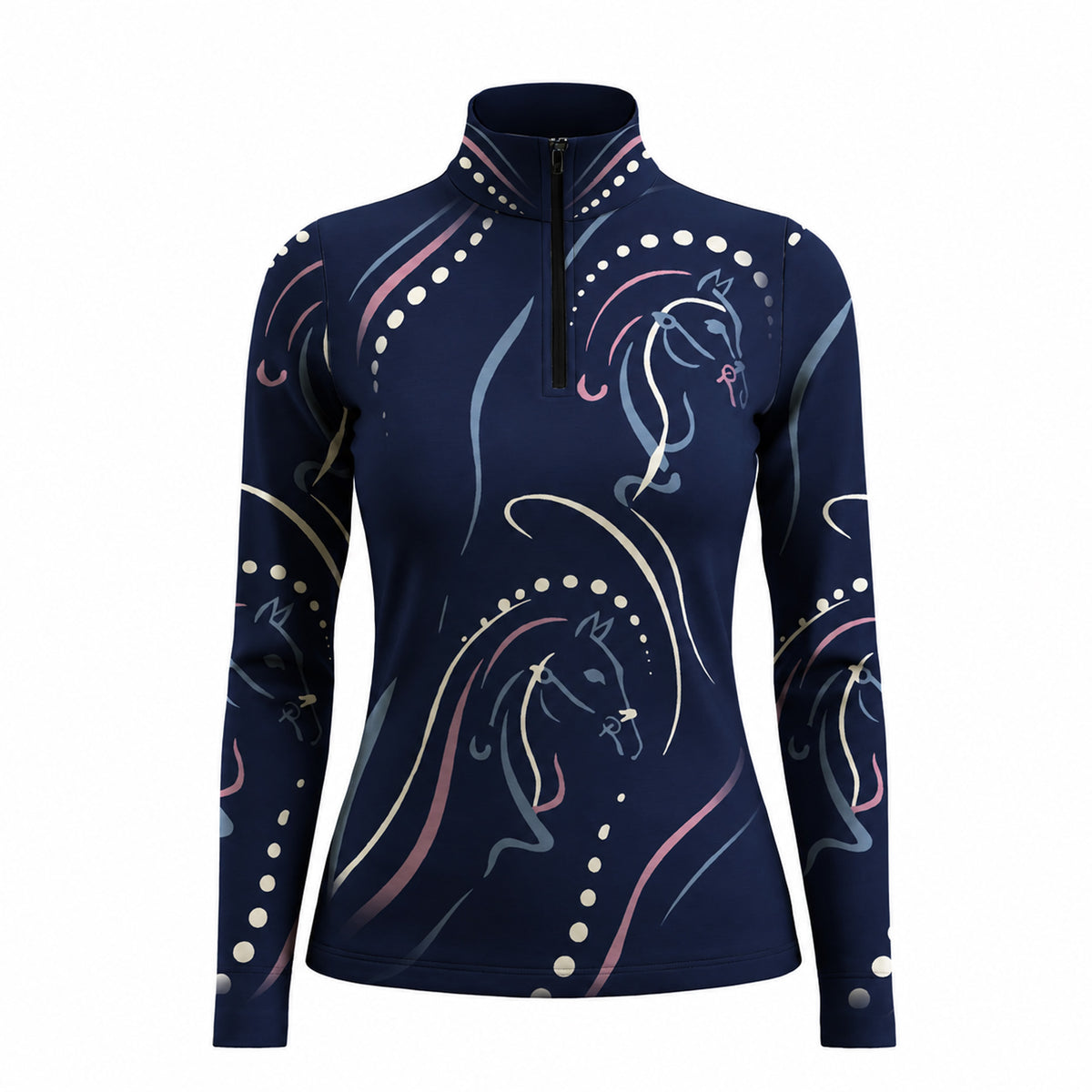Outdoor wall‑side lifestyle shot of female equestrian leaning against wall beside brown horse, wearing navy‑blue pastel abstract horse‑head print long‑sleeve riding top and white riding breeches