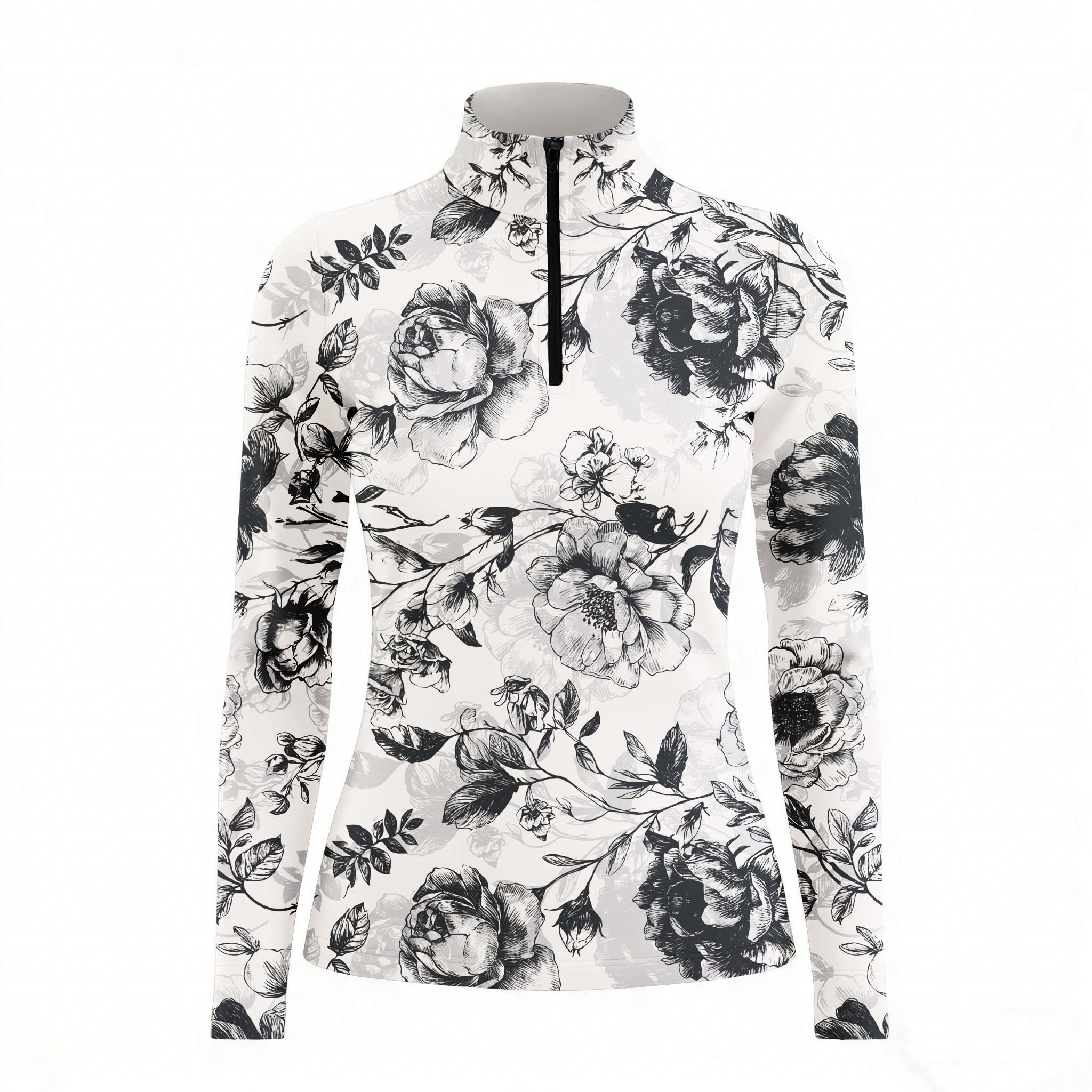 Studio white‑background product mockup of women’s off‑white sketch‑style dark peony floral long‑sleeve quarter‑zip riding top