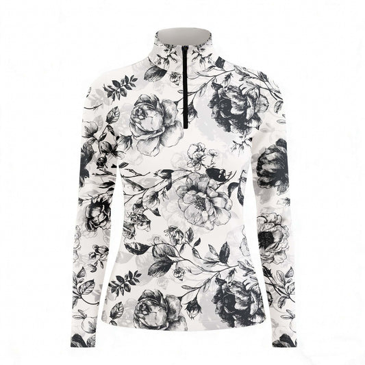 Studio white‑background product mockup of women’s off‑white sketch‑style dark peony floral long‑sleeve quarter‑zip riding top