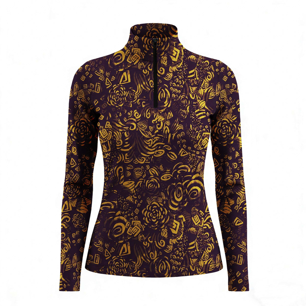 Studio white‑background product mockup of women’s deep‑purple base golden abstract floral‑geometric doodle all‑over‑print long‑sleeve quarter‑zip riding top