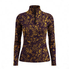 Studio white‑background product mockup of women’s deep‑purple base golden abstract floral‑geometric doodle all‑over‑print long‑sleeve quarter‑zip riding top