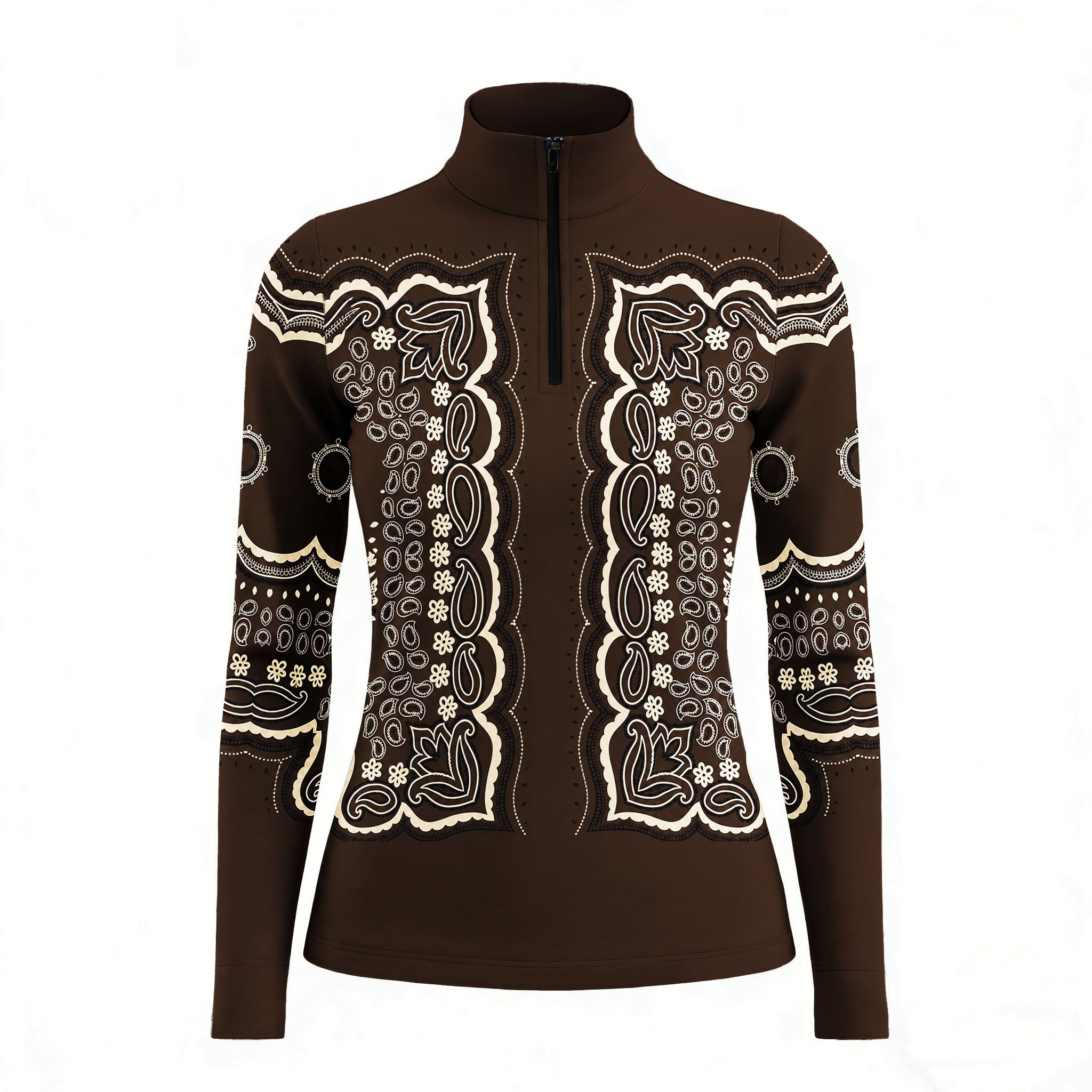 Outdoor garden lifestyle shot of female equestrian wearing chocolate‑brown vintage bandana‑paisley print long‑sleeve riding top beside wild daisy flower beds, paired with navy riding breeches