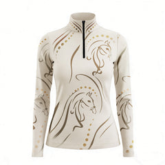 Navy‑Blue Base Pastel Multi‑Line‑Art Abstract Horse Head All‑Over Print Long‑Sleeve Quarter‑Zip Riding Top