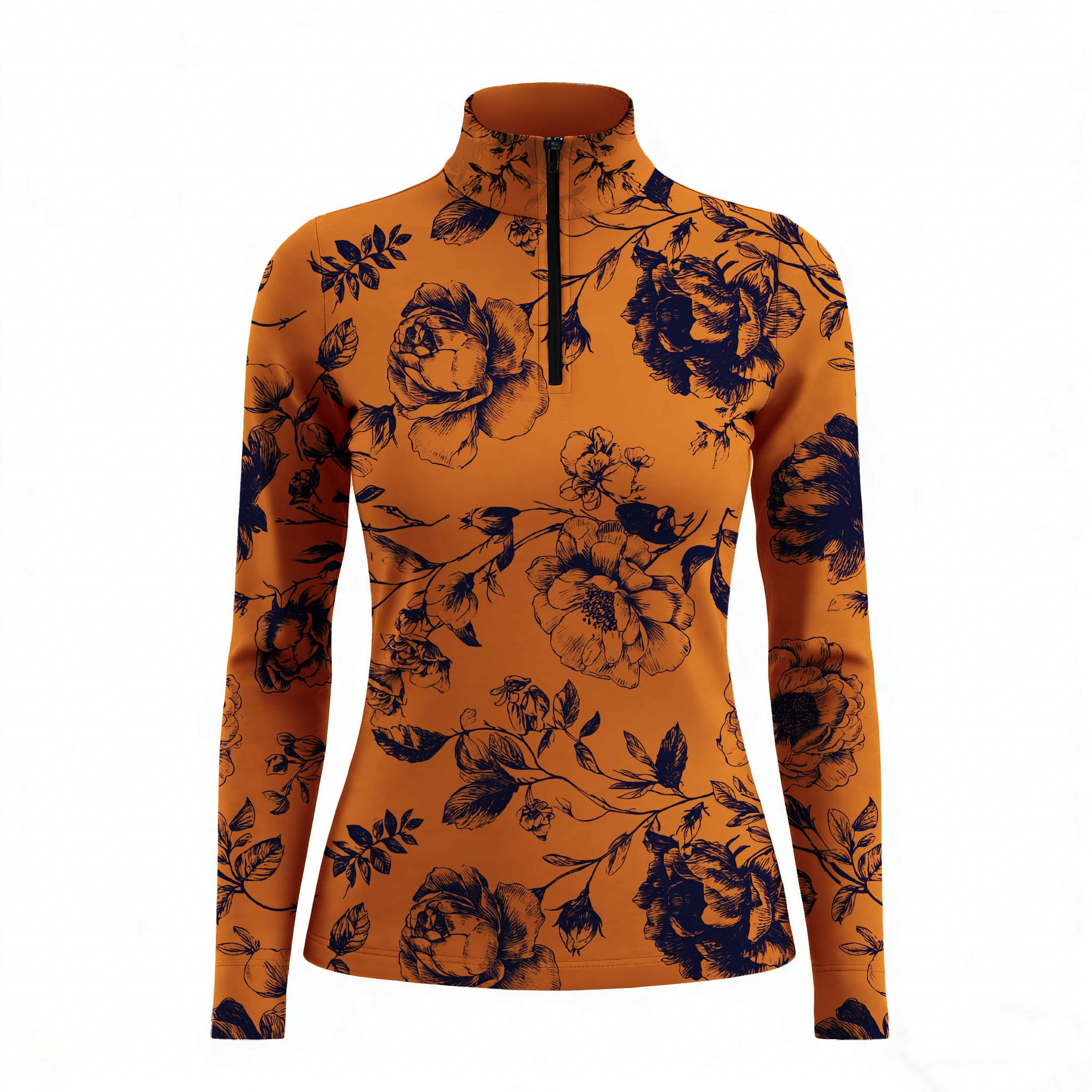 Studio white‑background product mockup of women’s burnt‑orange sketch‑style peony floral long‑sleeve quarter‑zip riding top