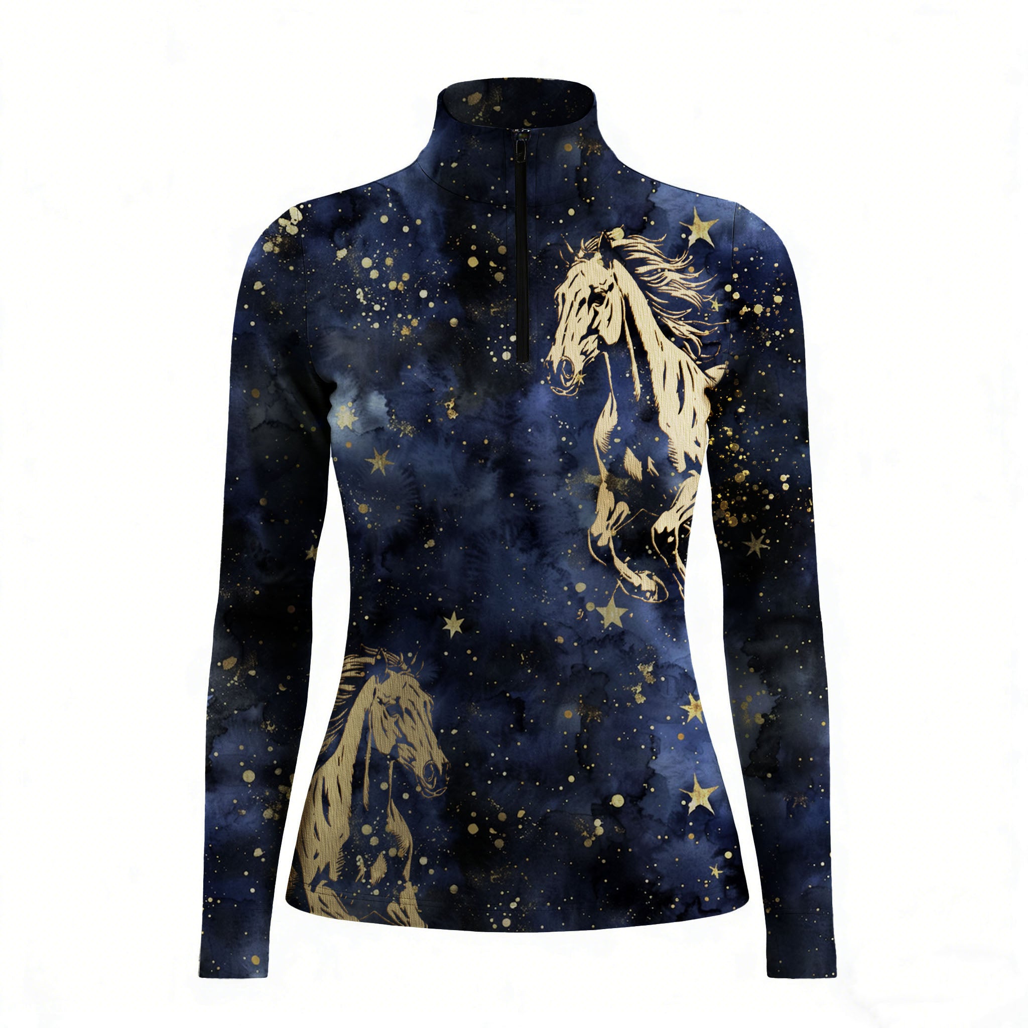 Studio white‑background product mockup of women’s deep navy long‑sleeve quarter‑zip riding top with full galaxy starry‑sky and golden galloping horse all‑over print