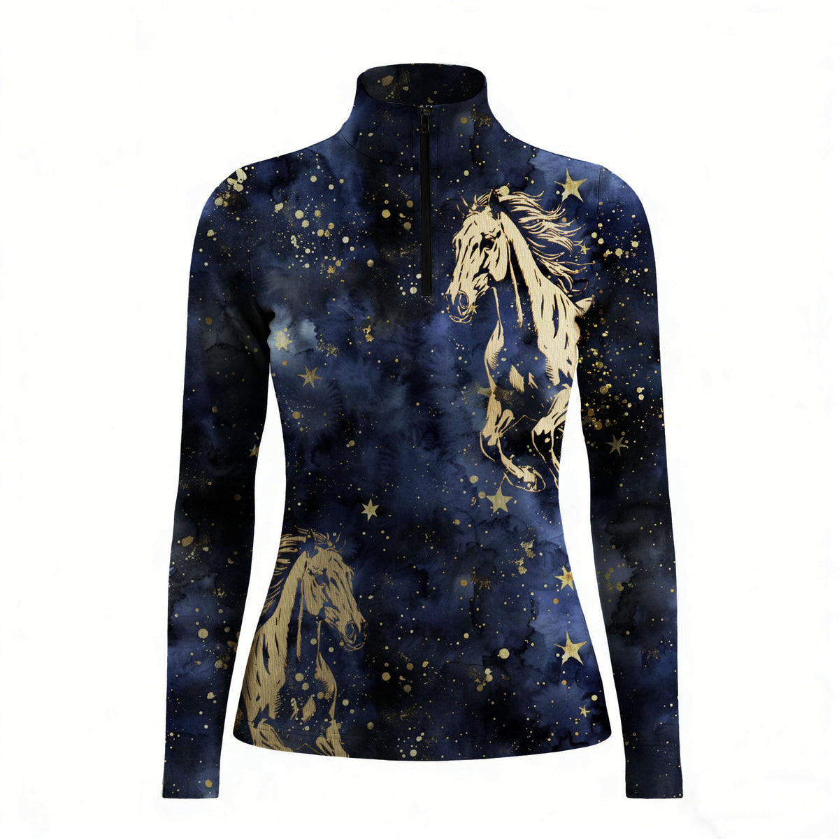 Studio white‑background product mockup of women’s deep navy long‑sleeve quarter‑zip riding top with full galaxy starry‑sky and golden galloping horse all‑over print