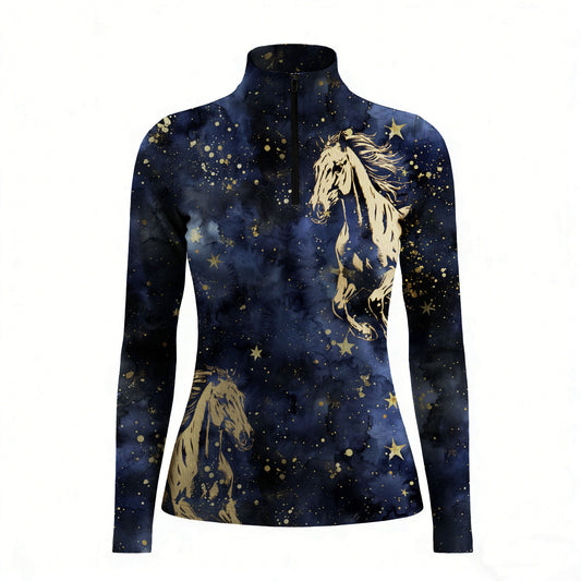 Studio white‑background product mockup of women’s deep navy long‑sleeve quarter‑zip riding top with full galaxy starry‑sky and golden galloping horse all‑over print
