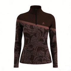 Studio white‑background product mockup of women’s two‑tone brown long‑sleeve quarter‑zip riding top with full equestrian‑tack silhouette collage print