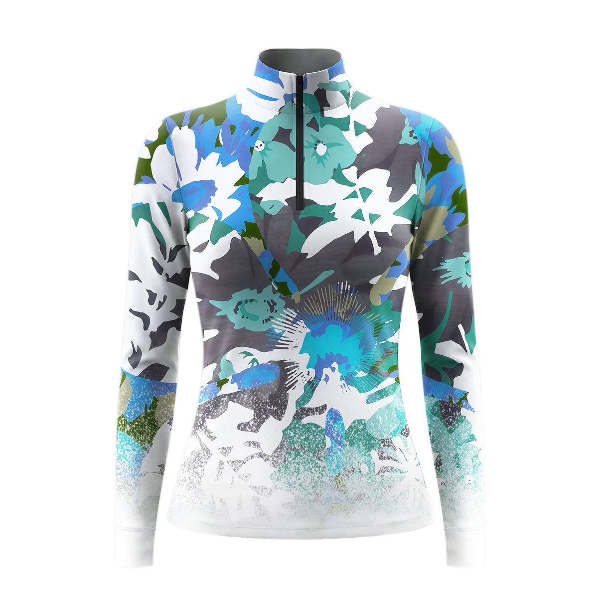 Studio flat view of the ocean palette version of the Abstract Watercolor Floral Print Long-Sleeve Quarter-Zip Riding Top, showcasing the full print details

