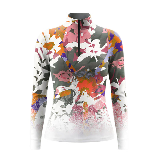 Studio flat view of the sunset palette version of the Abstract Watercolor Floral Print Long-Sleeve Quarter-Zip Riding Top, showcasing the full print details
