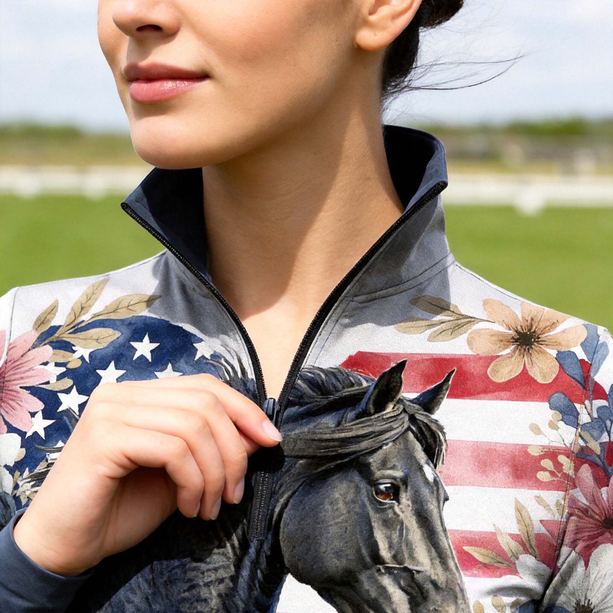 Close-up view of the American Flag Floral Horse Print Riding Top, highlighting the print and zipper details
