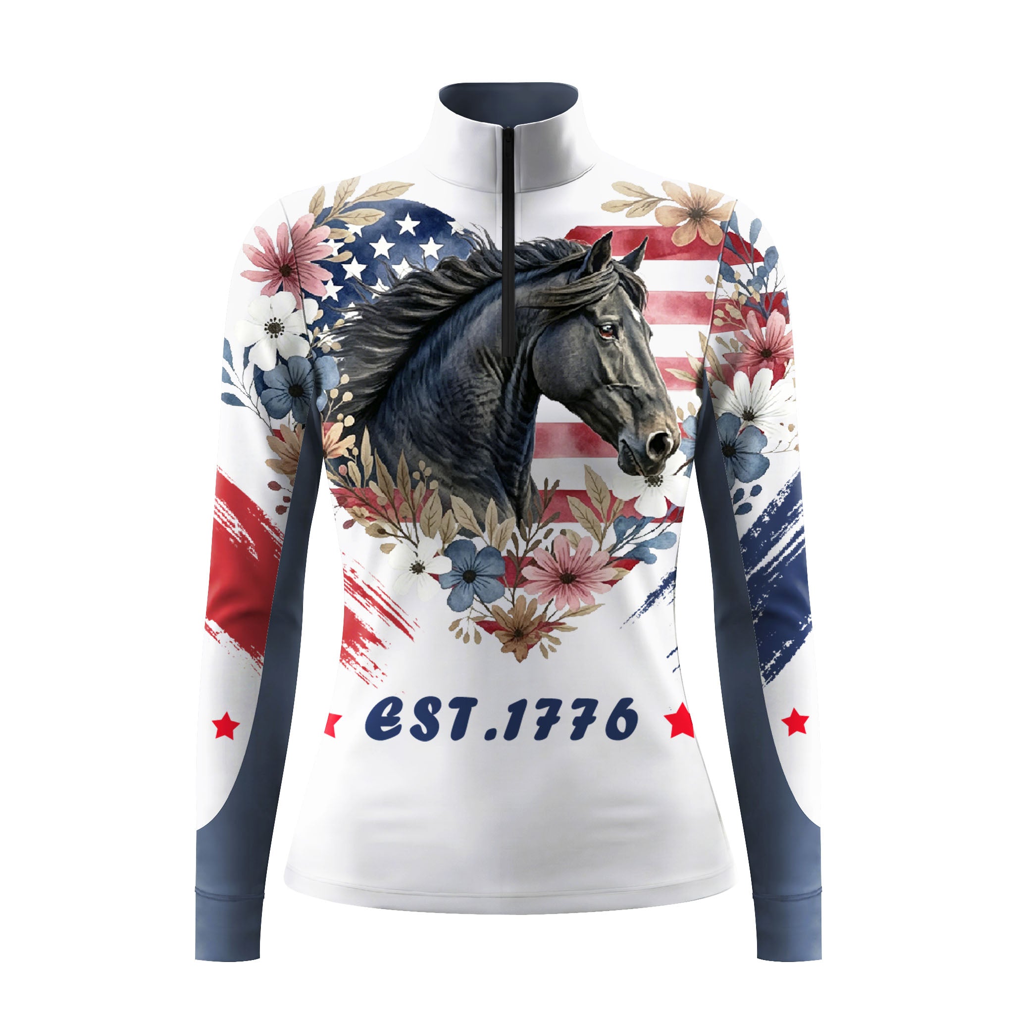 Studio flat view of the American Flag Floral Horse Print Long-Sleeve Quarter-Zip Riding Top, showcasing the full print details

