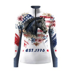 Studio flat view of the American Flag Floral Horse Print Long-Sleeve Quarter-Zip Riding Top, showcasing the full print details
