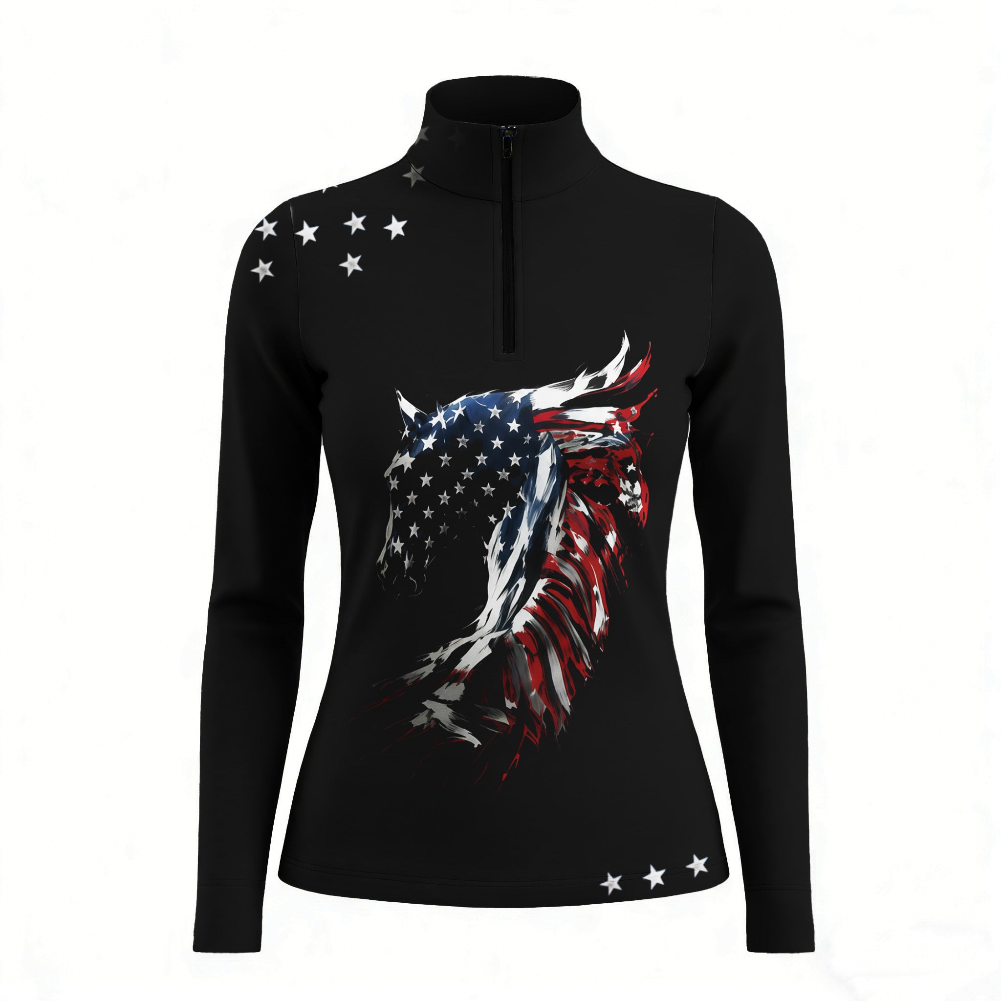 Studio flat view of the American Flag Horse Head Print Long-Sleeve Quarter-Zip Riding Top, showcasing the full print details
