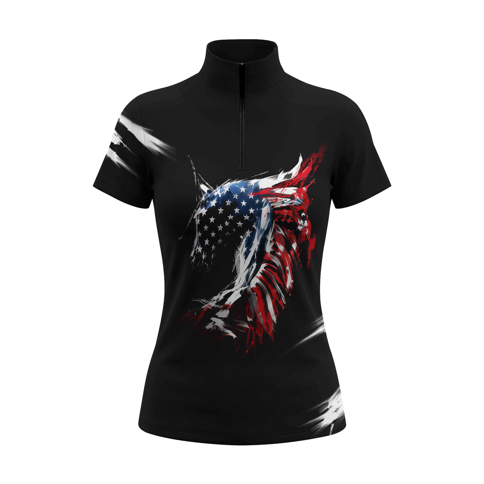 Studio flat view of the American Flag Horse Head Print Short-Sleeve Quarter-Zip Riding Top, showcasing the full print details
