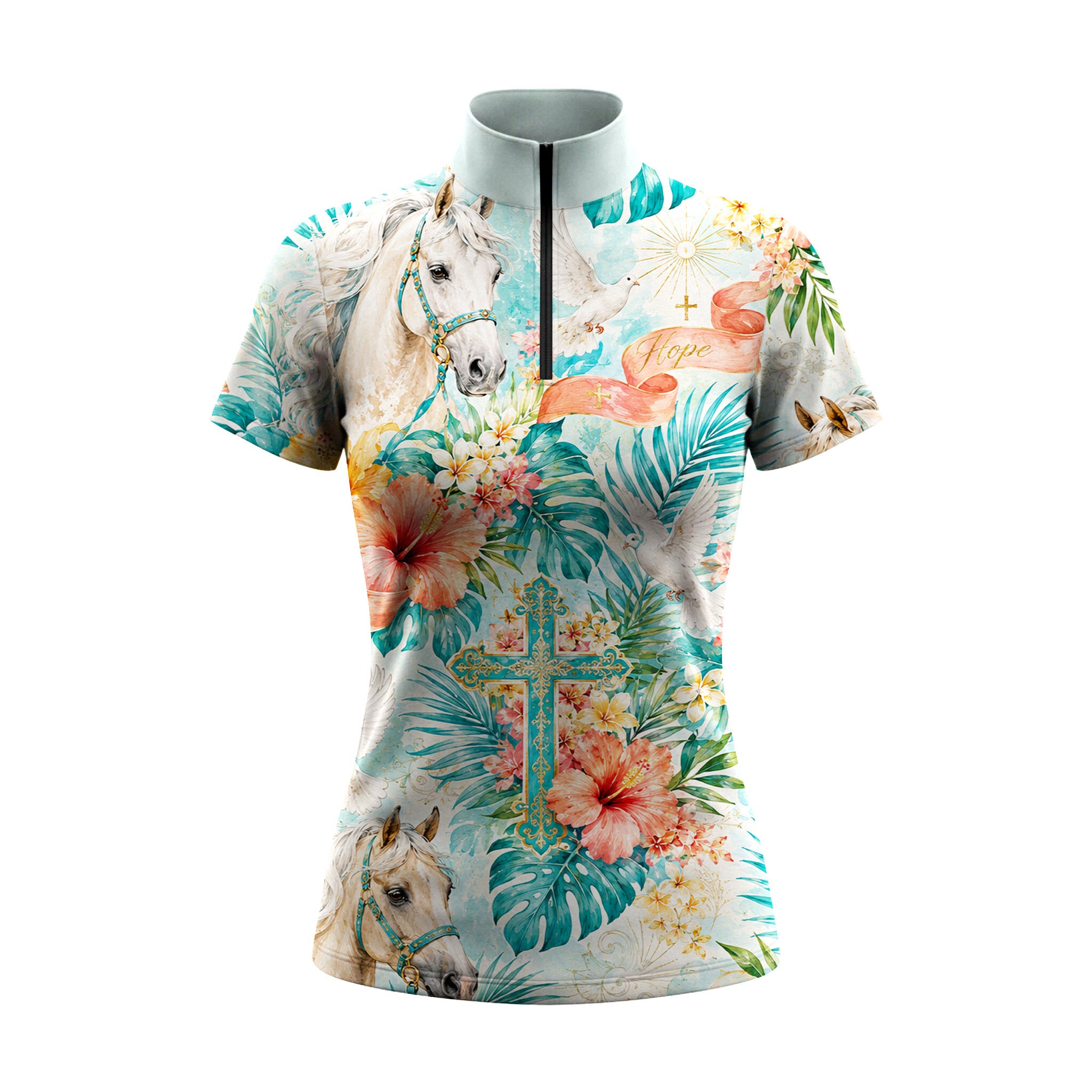 White background studio shot of pale aqua tropical hope ribbon white stallion hibiscus dove floral cross allover print short sleeve quarter zip riding top

