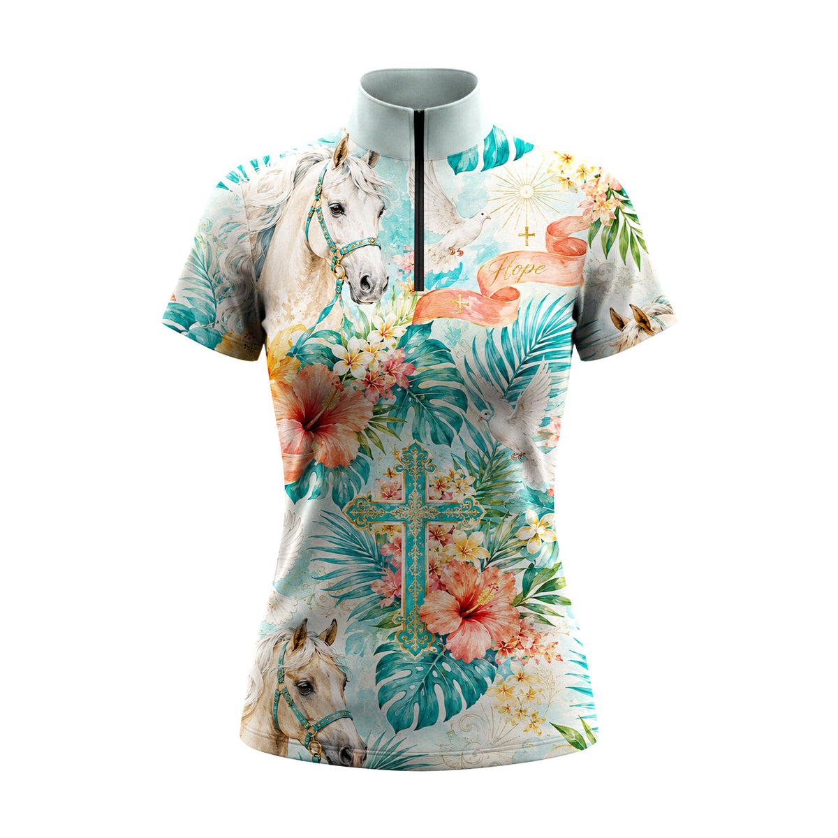 White background studio shot of pale aqua tropical hope ribbon white stallion hibiscus dove floral cross allover print short sleeve quarter zip riding top
