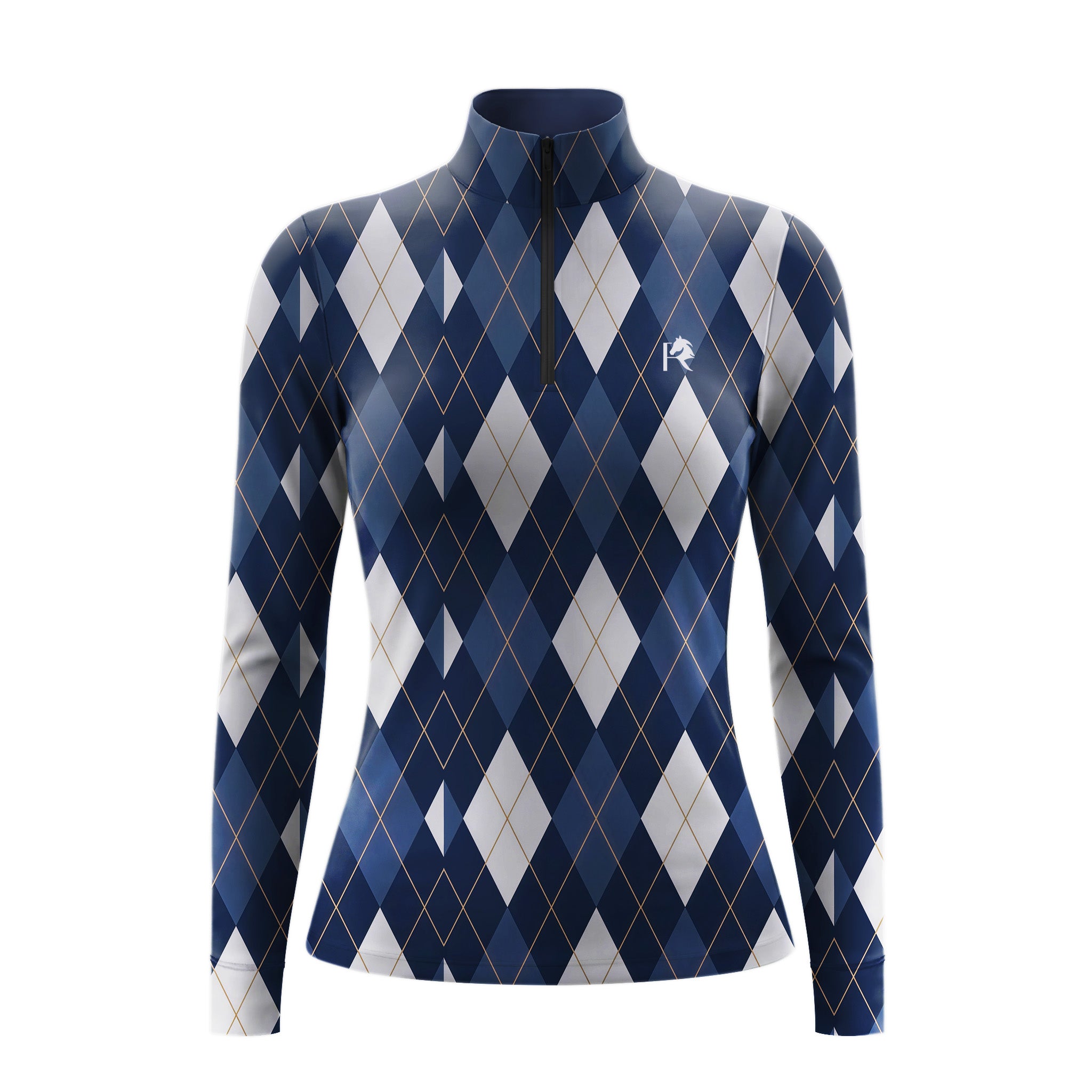 Clean white‑background studio mockup of navy‑white gold‑line argyle diamond quarter‑zip riding top with embroidered chest logo