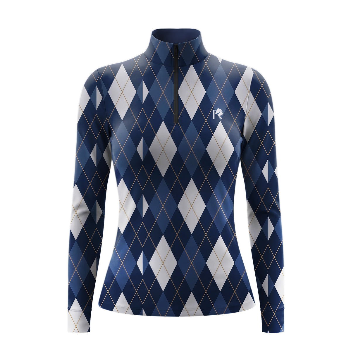 Clean white‑background studio mockup of navy‑white gold‑line argyle diamond quarter‑zip riding top with embroidered chest logo