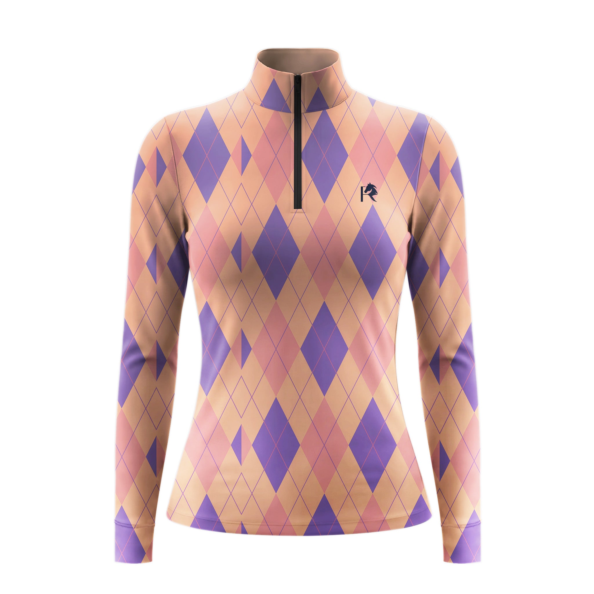 Clean white‑background studio mockup of pastel peach‑lavender argyle diamond quarter‑zip riding top with embroidered chest logo