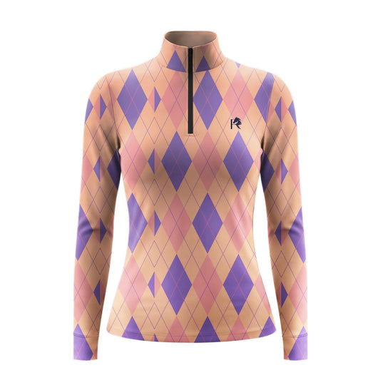 Clean white‑background studio mockup of pastel peach‑lavender argyle diamond quarter‑zip riding top with embroidered chest logo