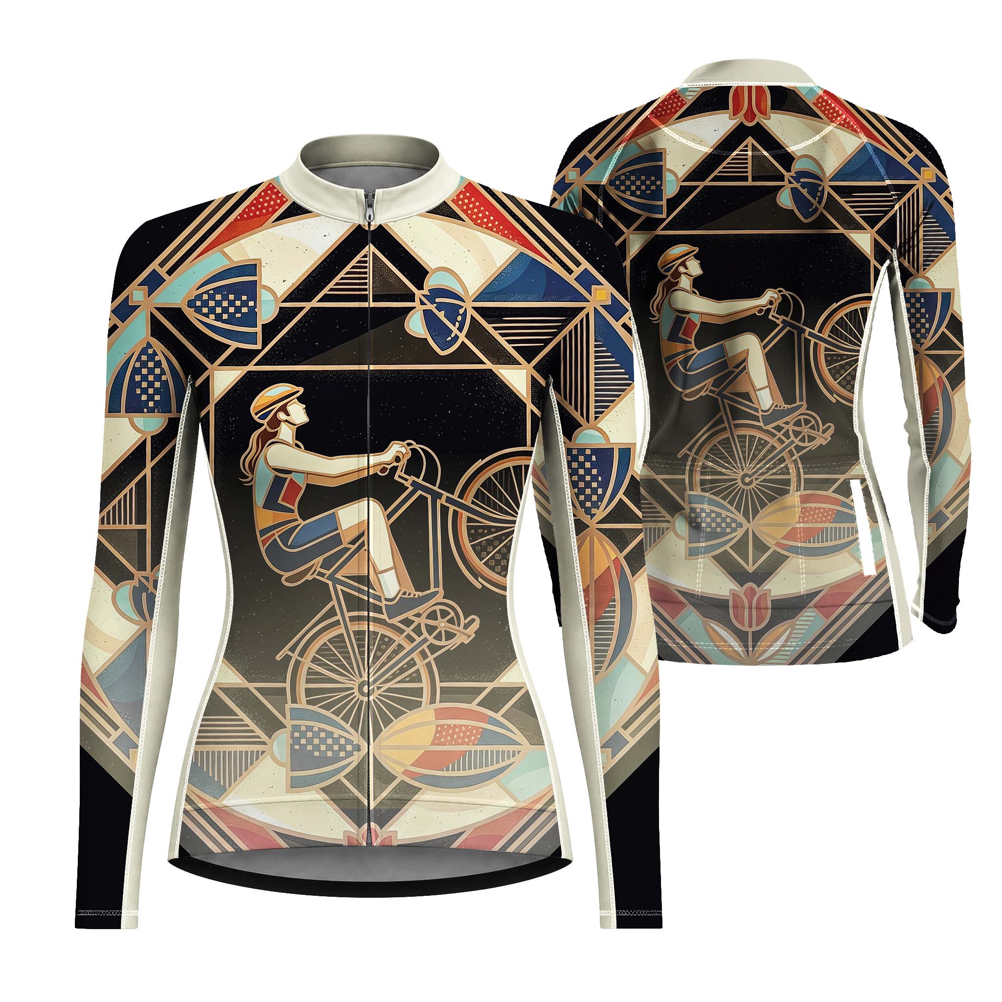 Dual front and back flat layout of ladies long sleeve full zip Art Deco geometric cyclist bike jersey isolated white background

