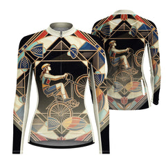 Dual front and back flat layout of ladies long sleeve full zip Art Deco geometric cyclist bike jersey isolated white background

