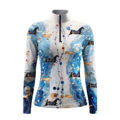 Studio flat view of the Art Deco Galloping Horses Print Long-Sleeve Quarter-Zip Riding Top, showcasing the full print details
