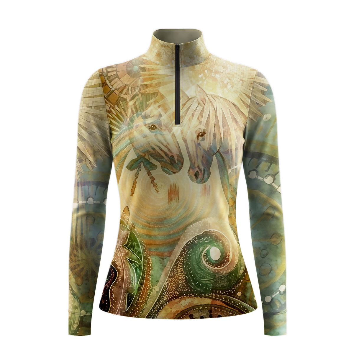 Side model shot leaning on wooden pasture fence wearing retro painterly dual horse sunburst swirl watercolor long sleeve riding top in sunlit grass field
