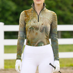 White background studio shot of full wrap Art Nouveau spiral swirl two horse mosaic sunburst earth sage amber watercolor allover print long sleeve quarter zip riding top
