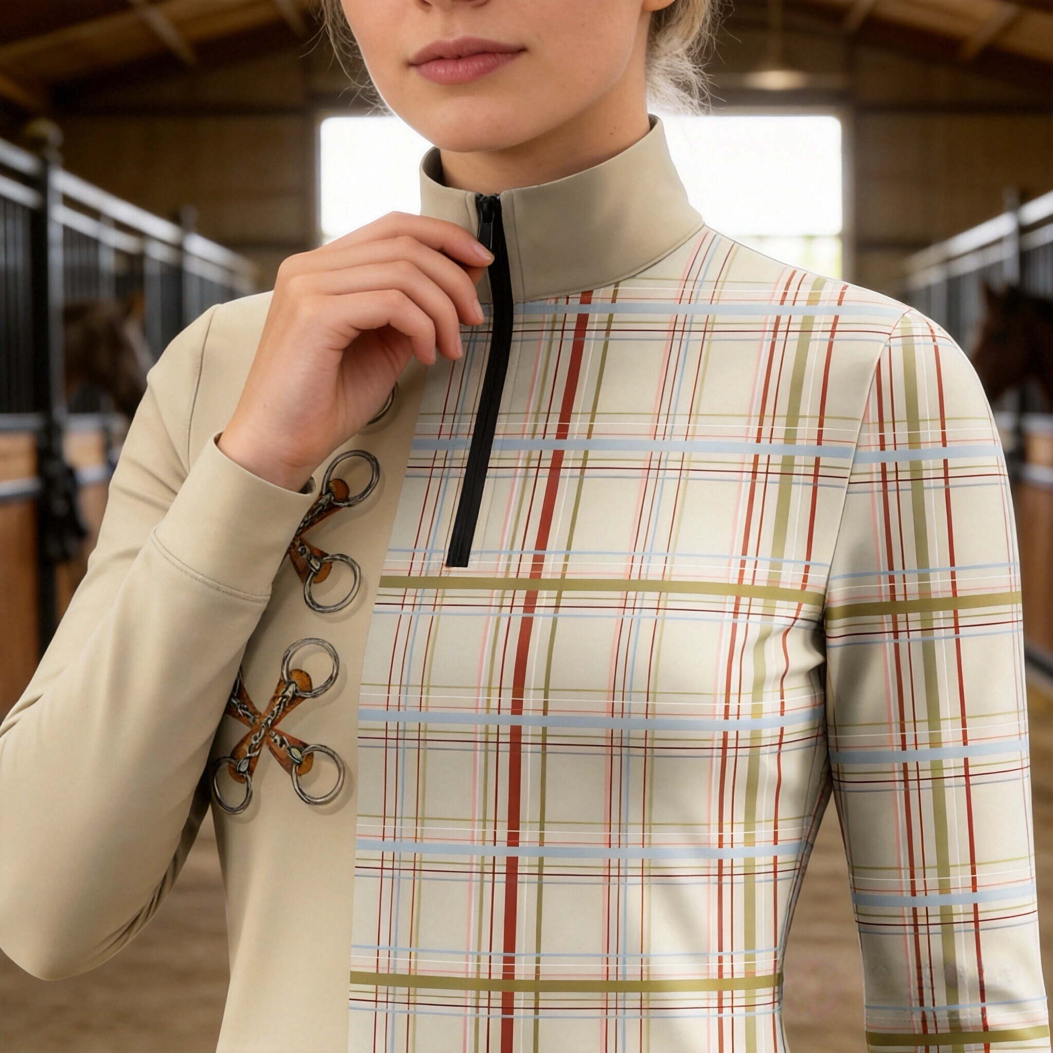 Indoor stable close‑up shot showing collar and chest print detail of beige split‑design long‑sleeve quarter‑zip riding top