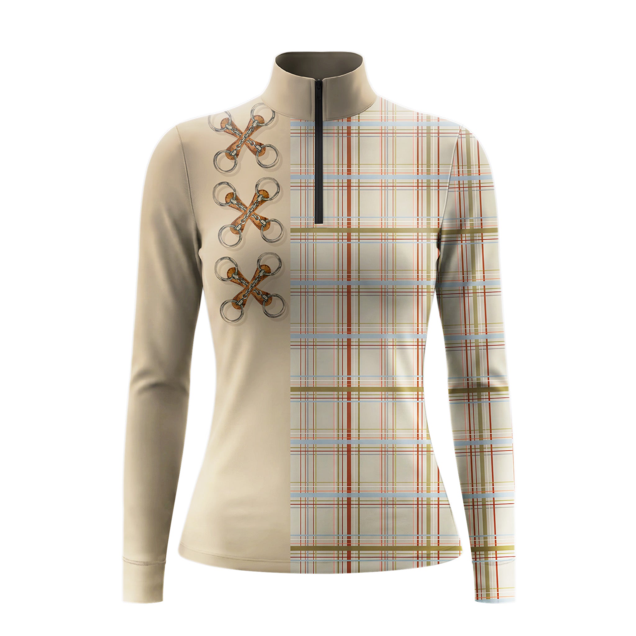 Studio white‑background mockup of beige split‑design long‑sleeve quarter‑zip riding top with horse‑bit graphic and tartan plaid print